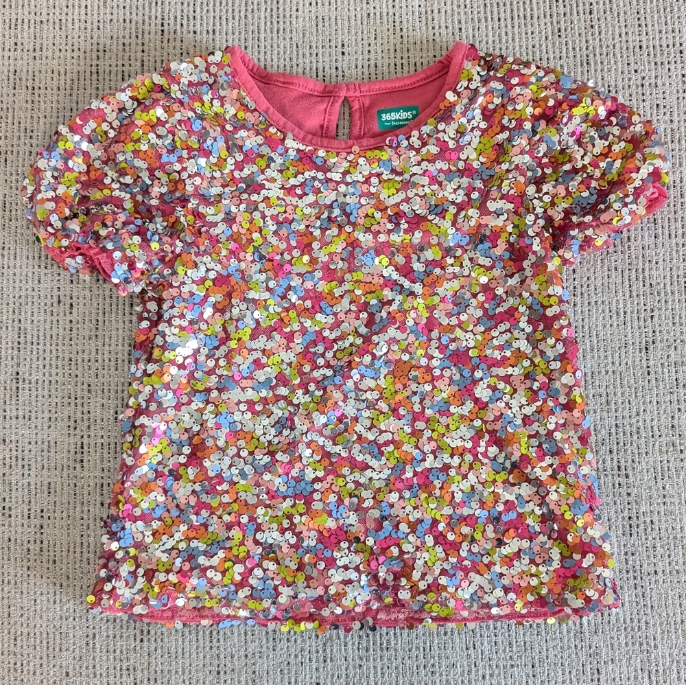 365 Kids Girls Sequin Puffed Sleeve T-Shirt Top Pink Size 6